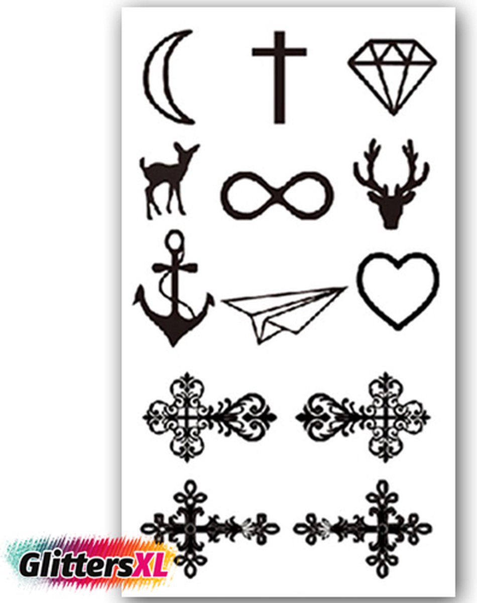 GlittersXL - Temporary Tattoo Kruis/Hart/Maan/Diamant/Hert (11x6cm) [Neptattoo - Tijdelijke tatoeage - Nep Fake Tattoos - Water overdraagbare festival sticker henna outfit tattoo - Glitter tattoo - Volwassenen Kinderen Jongen Meisje]